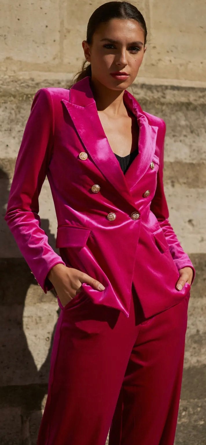 P189 Pink or Blue Velvet Blazer with Gold Buttons The CoCo Couture